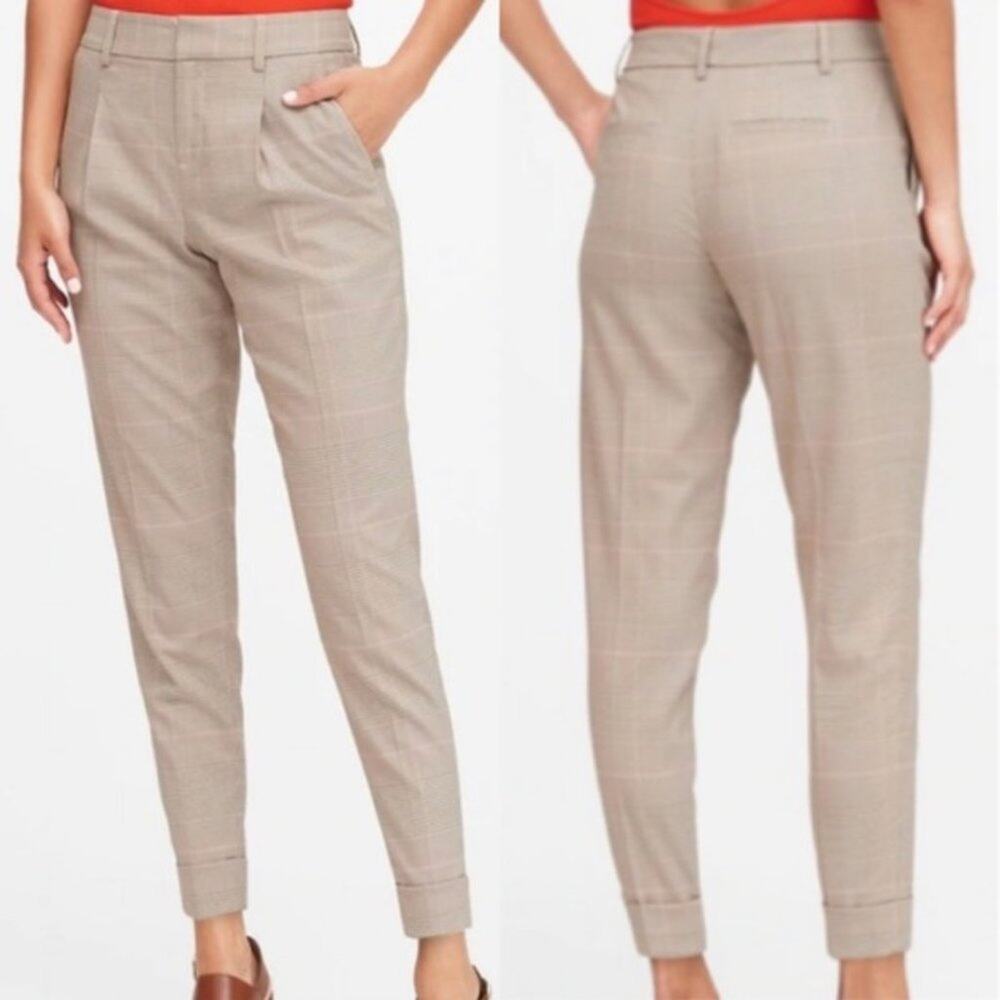 Banana Republic Tan Plaid Tapered Cuffed Trousers 10 NWT
